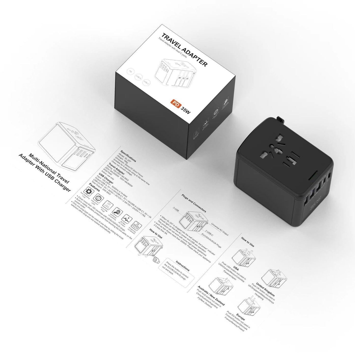 35W Universal Travel Adapter With 5 Port (3 USB A + 2 USB C)